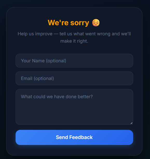 We're sorry page — YoppyChat captures negative feedback privately so it never reaches Google